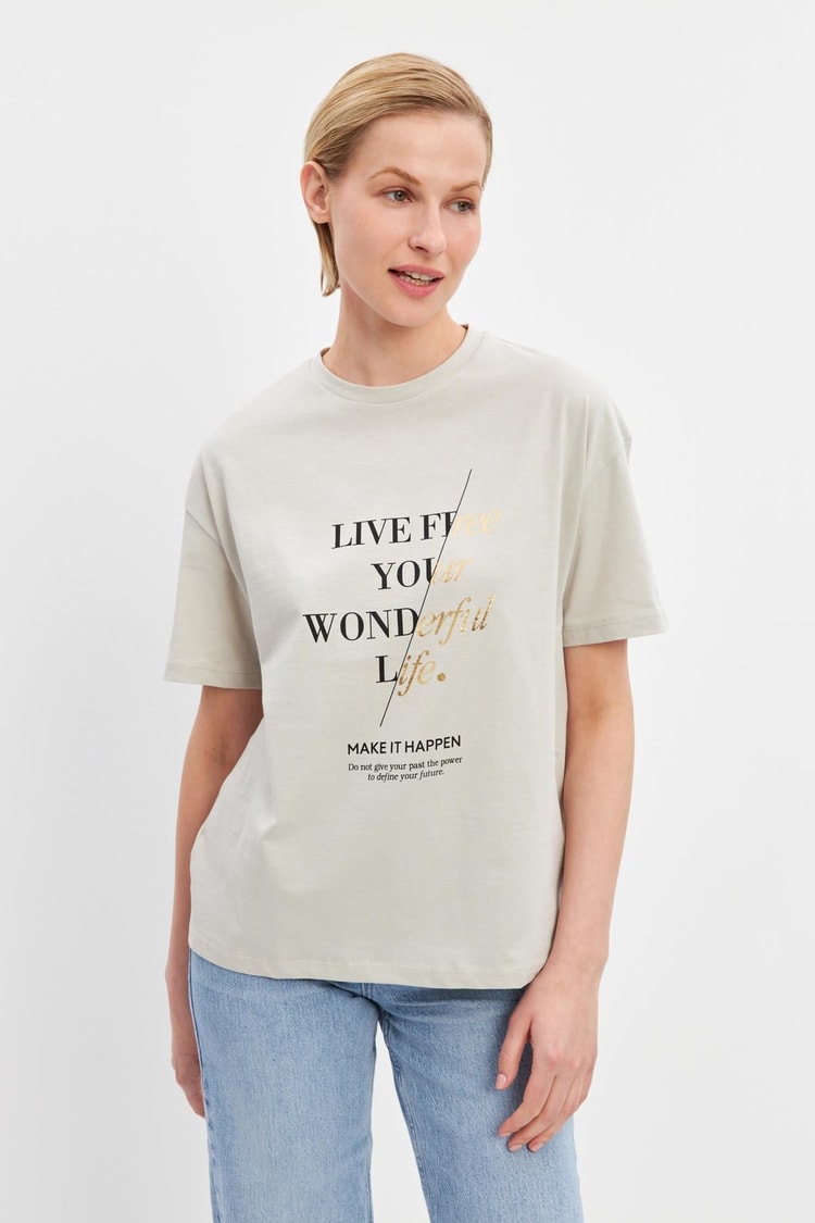 Bej Baskılı Bisiklet Yaka Kısa Kollu T-Shirt Kadın T-Shirt modelleri