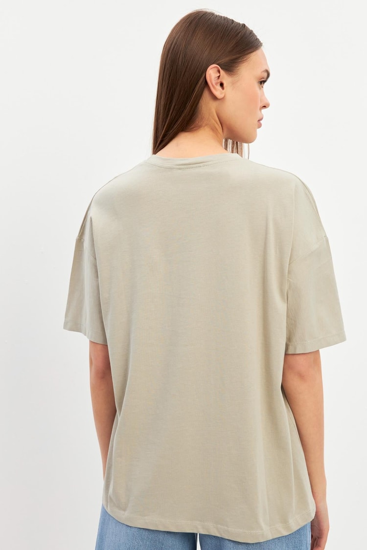 Bej Bisiklet Yaka Oversize Düz T-Shirt Kadın Kategorisiz modelleri