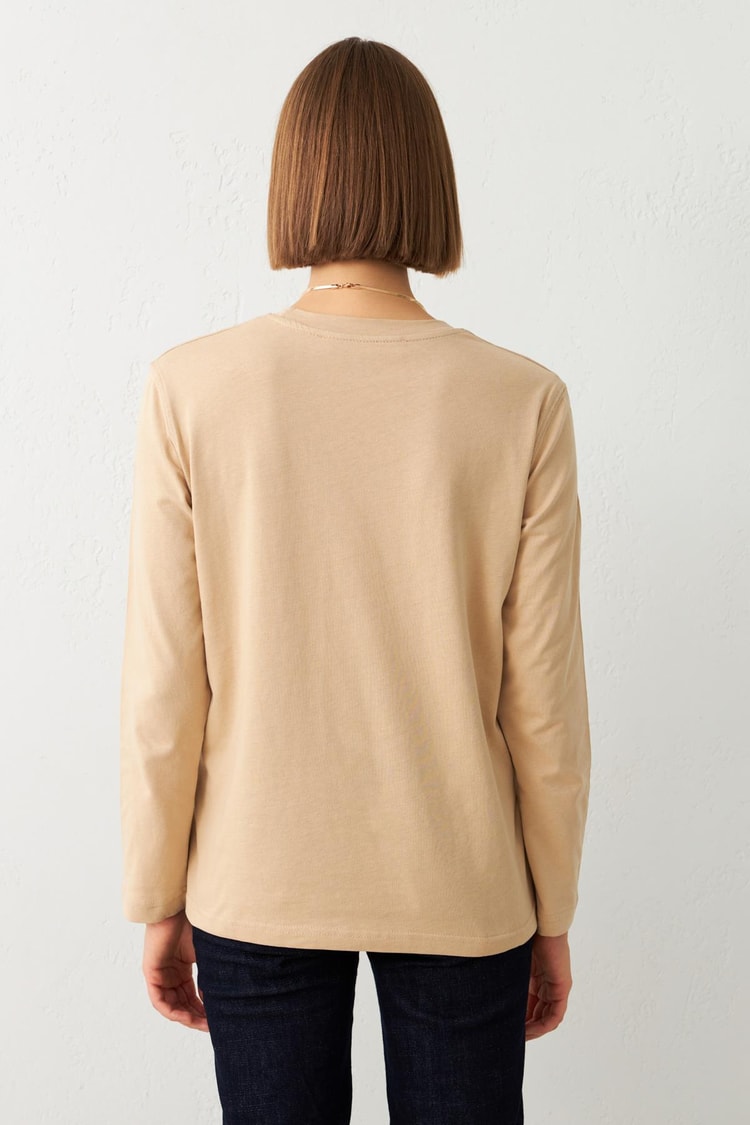 Bej Bisiklet Yaka Uzun Kollu Baskı Detaylı Sweatshirt Kadın Kategorisiz modelleri