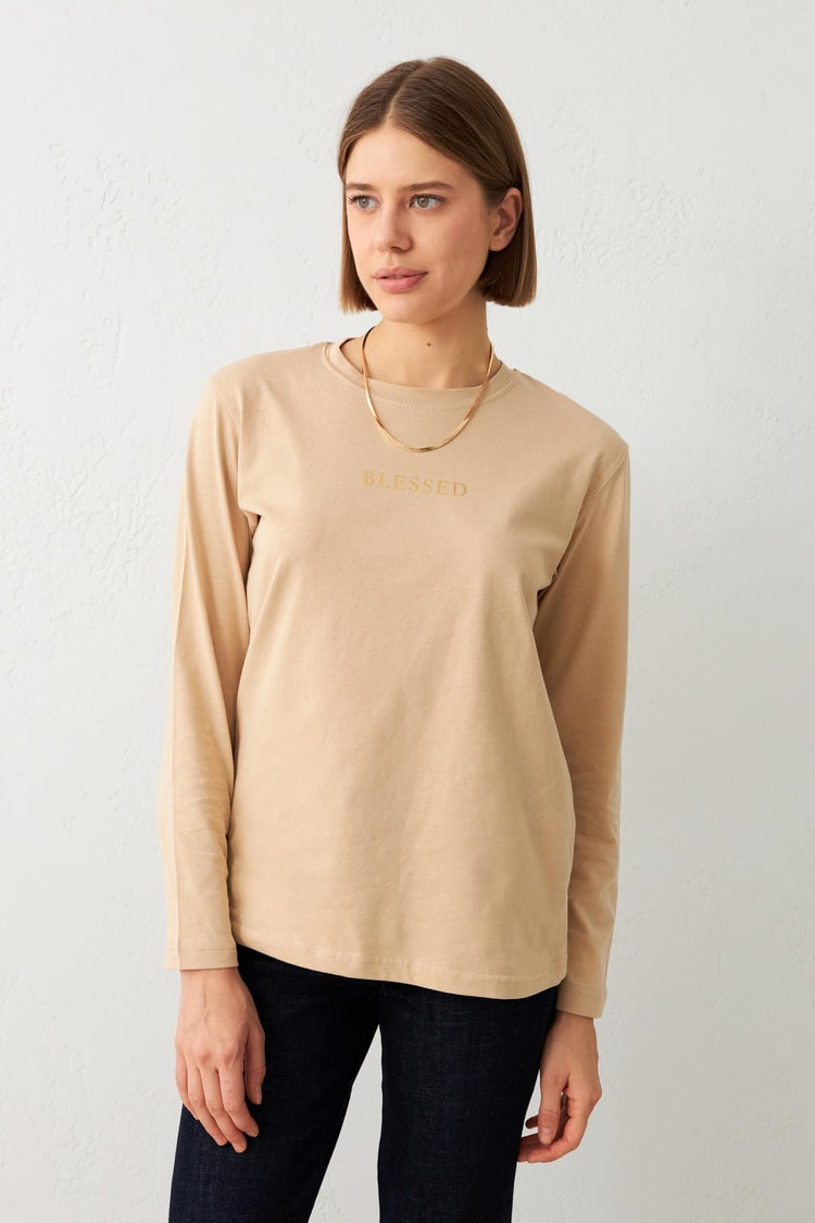 Bej Bisiklet Yaka Uzun Kollu Baskı Detaylı Sweatshirt Kadın Kategorisiz modelleri