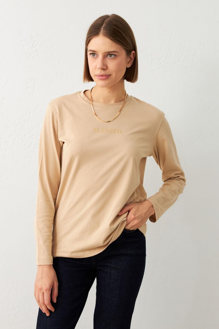 Bej Bisiklet Yaka Uzun Kollu Baskı Detaylı Sweatshirt Kadın Kategorisiz modelleri