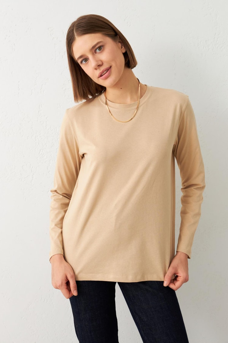 Bej Bisiklet Yaka Uzun Kollu Sweatshirt Kadın Sweatshirt modelleri