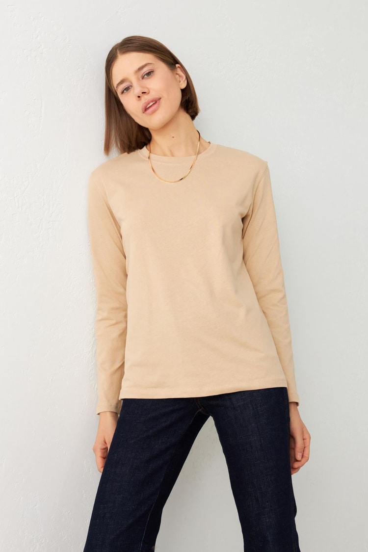 Bej Bisiklet Yaka Uzun Kollu Sweatshirt Kadın Sweatshirt modelleri