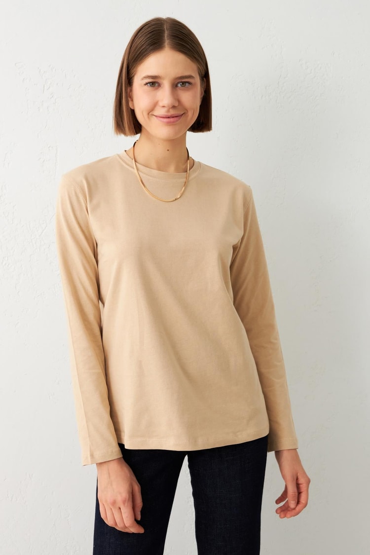 Bej Bisiklet Yaka Uzun Kollu Sweatshirt Kadın Sweatshirt modelleri