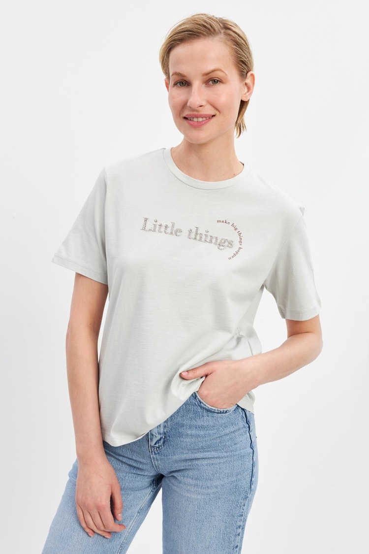 Bej Mini Baskı Detaylı Bisiklet Yaka Kısa Kollu T-Shirt Kadın Kategorisiz modelleri