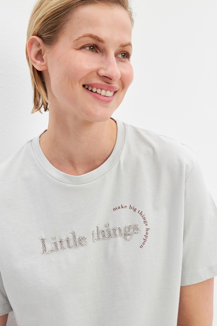 Bej Mini Baskı Detaylı Bisiklet Yaka Kısa Kollu T-Shirt Kadın Kategorisiz modelleri