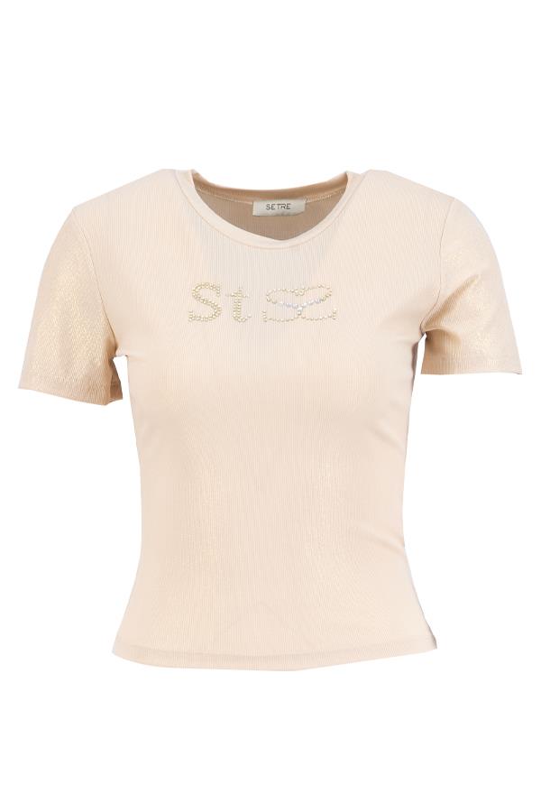 Bej Taşlı Kısa Kollu T-Shirt Kadın T-Shirt modelleri