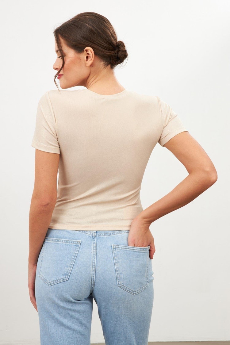 Bej Taşlı Kısa Kollu T-Shirt Kadın T-Shirt modelleri