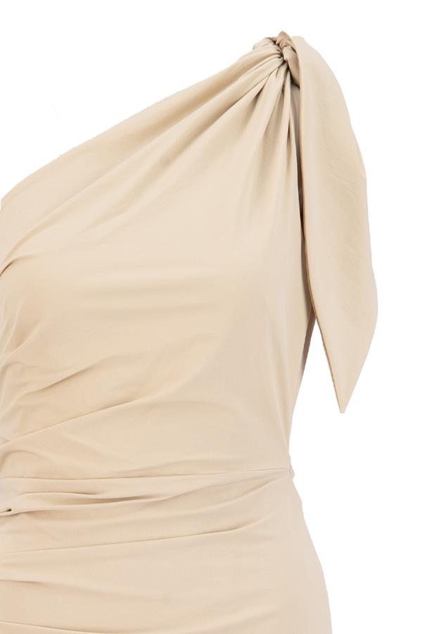 Bej Tek Omuz Ve Drape Detaylı Midi Boy Elbise Kadın Günlük Elbise modelleri