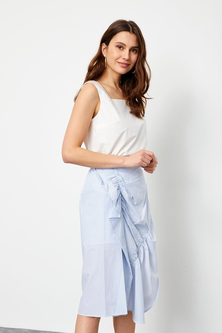 White Printed Short Sleeve Below Knee Midi Length Pleated Dress Kadın Blouse modelleri