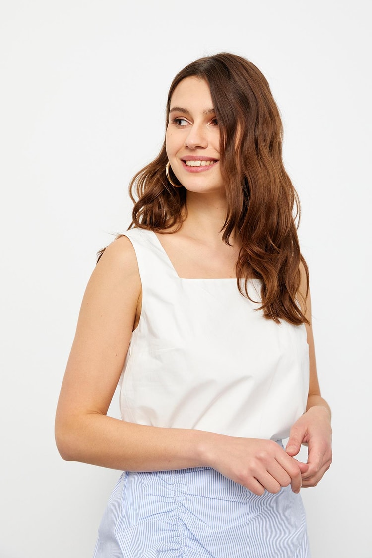 White Printed Short Sleeve Below Knee Midi Length Pleated Dress Kadın Blouse modelleri