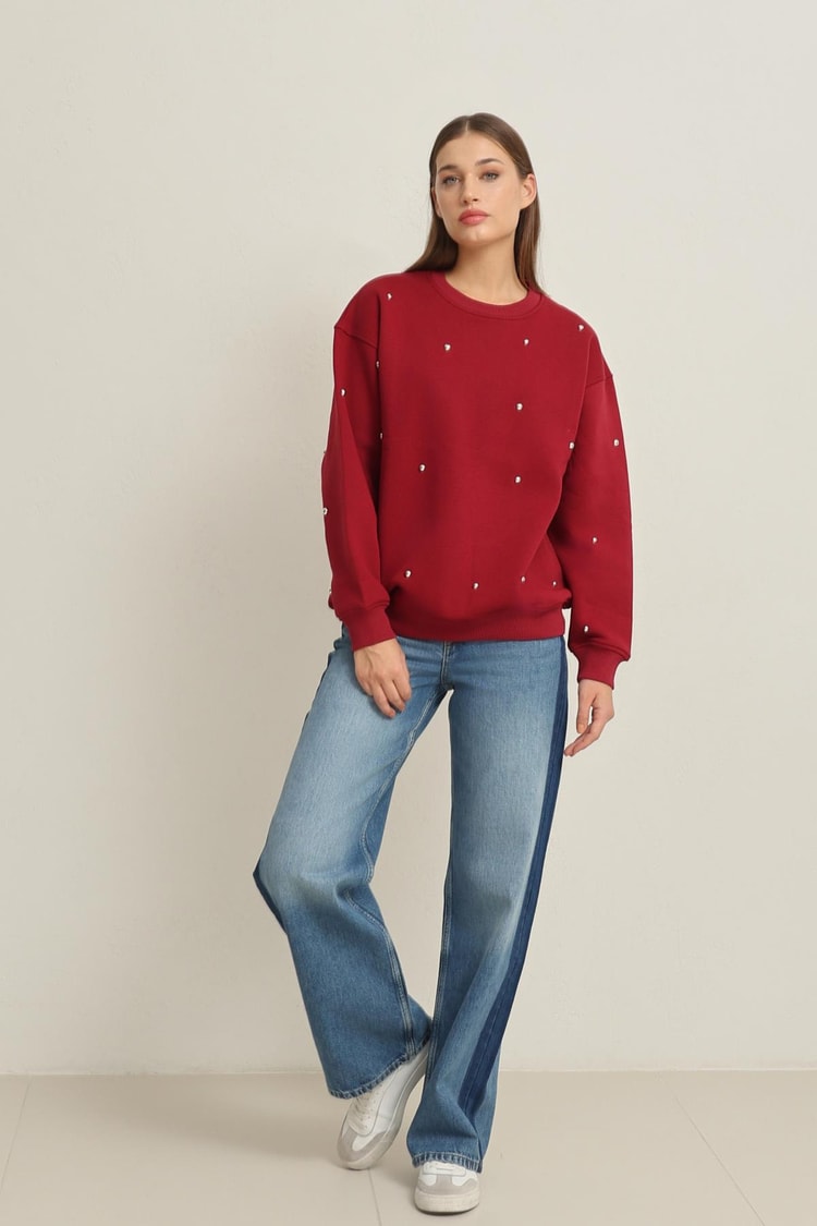 Bordo Bisiklet Yaka Taş Detaylı Uzun Kollu Sweatshirt Kadın Kategorisiz modelleri