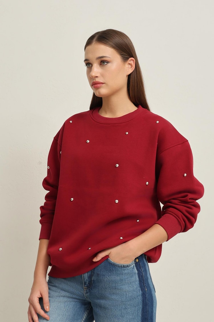 Bordo Bisiklet Yaka Taş Detaylı Uzun Kollu Sweatshirt Kadın Kategorisiz modelleri