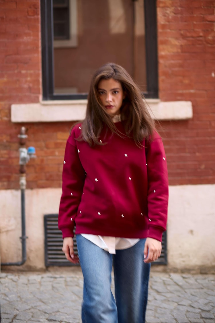 Bordo Bisiklet Yaka Taş Detaylı Uzun Kollu Sweatshirt Kadın Sweatshirt modelleri