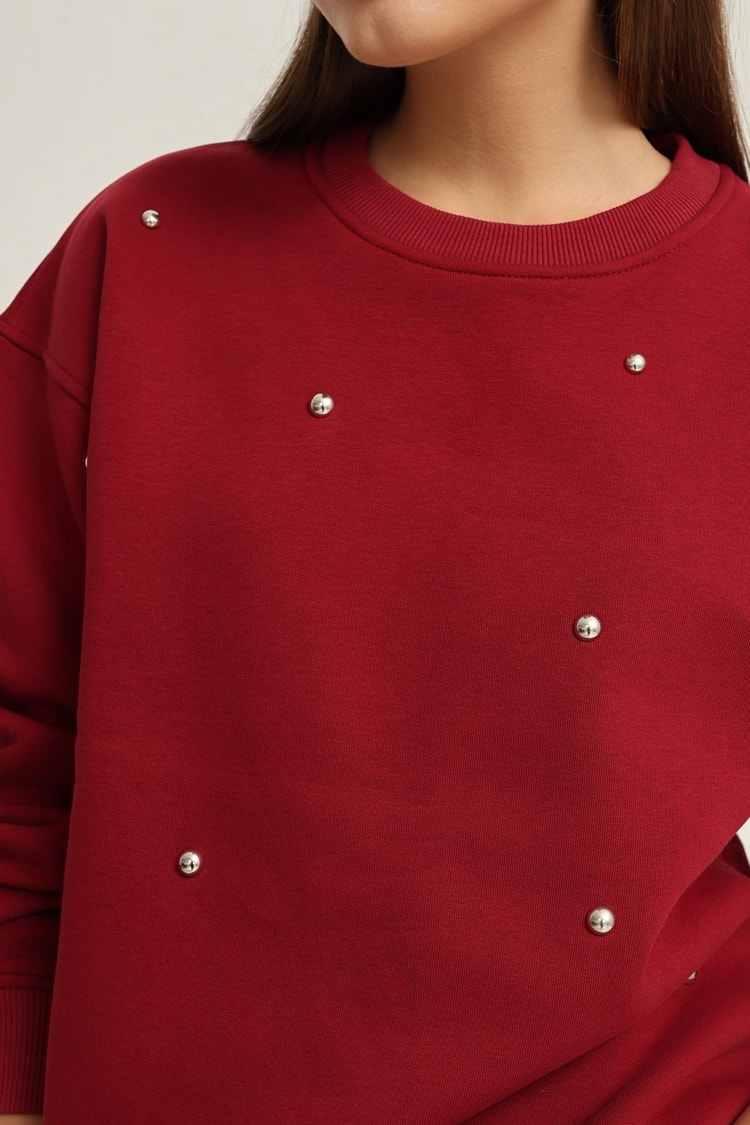 Bordo Bisiklet Yaka Taş Detaylı Uzun Kollu Sweatshirt Kadın Kategorisiz modelleri