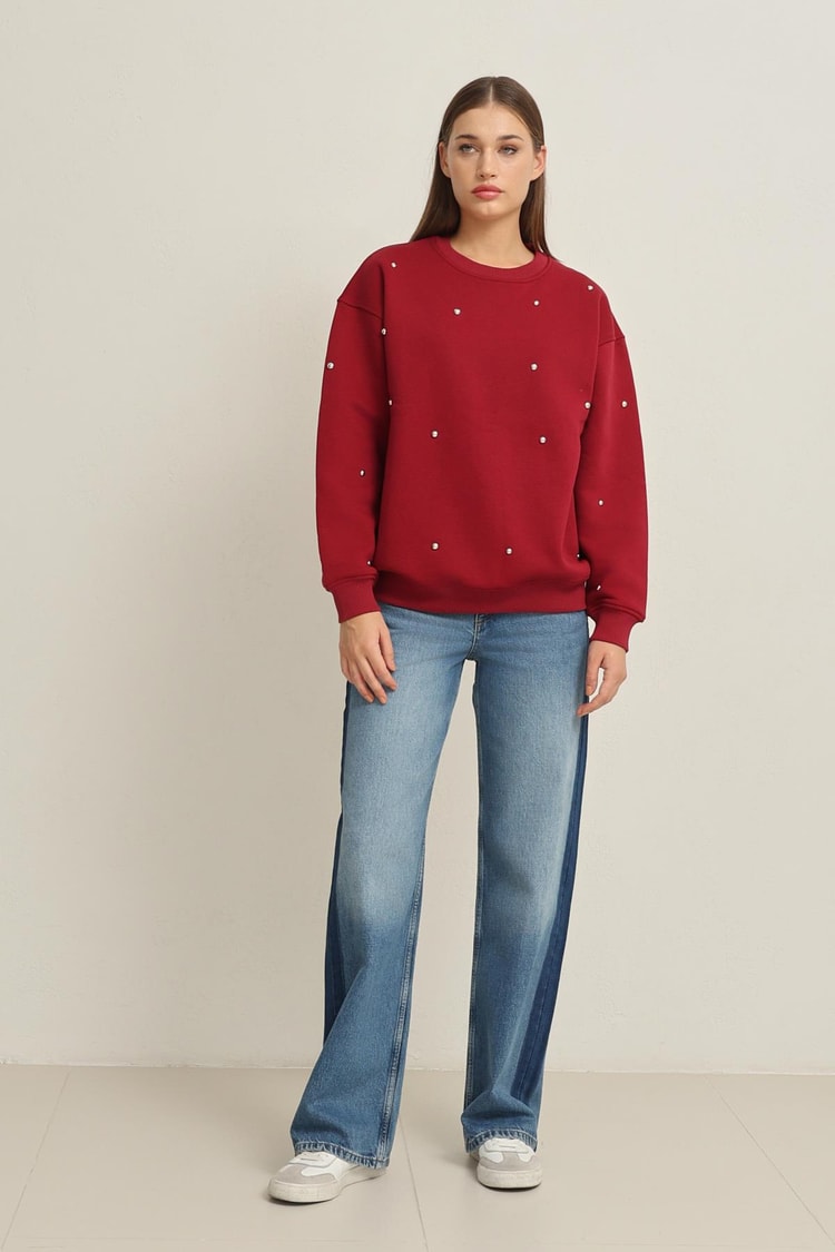 Bordo Bisiklet Yaka Taş Detaylı Uzun Kollu Sweatshirt Kadın Kategorisiz modelleri