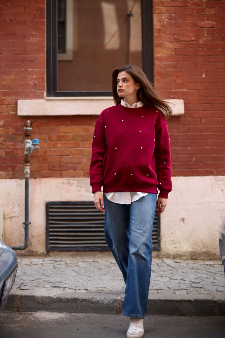 Bordo Bisiklet Yaka Taş Detaylı Uzun Kollu Sweatshirt Kadın Sweatshirt modelleri