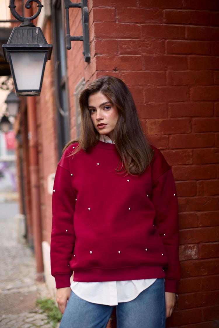 Bordo Bisiklet Yaka Taş Detaylı Uzun Kollu Sweatshirt Kadın Sweatshirt modelleri