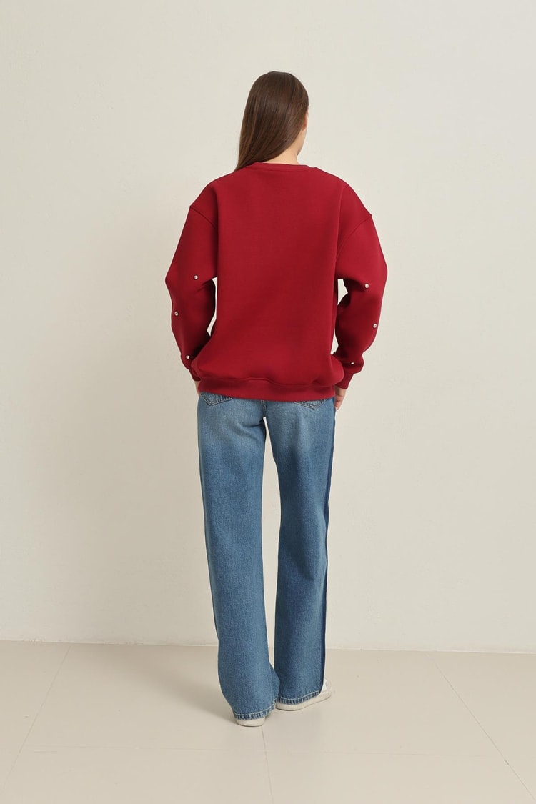 Bordo Bisiklet Yaka Taş Detaylı Uzun Kollu Sweatshirt Kadın Kategorisiz modelleri