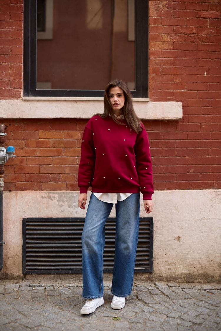 Bordo Bisiklet Yaka Taş Detaylı Uzun Kollu Sweatshirt Kadın Sweatshirt modelleri