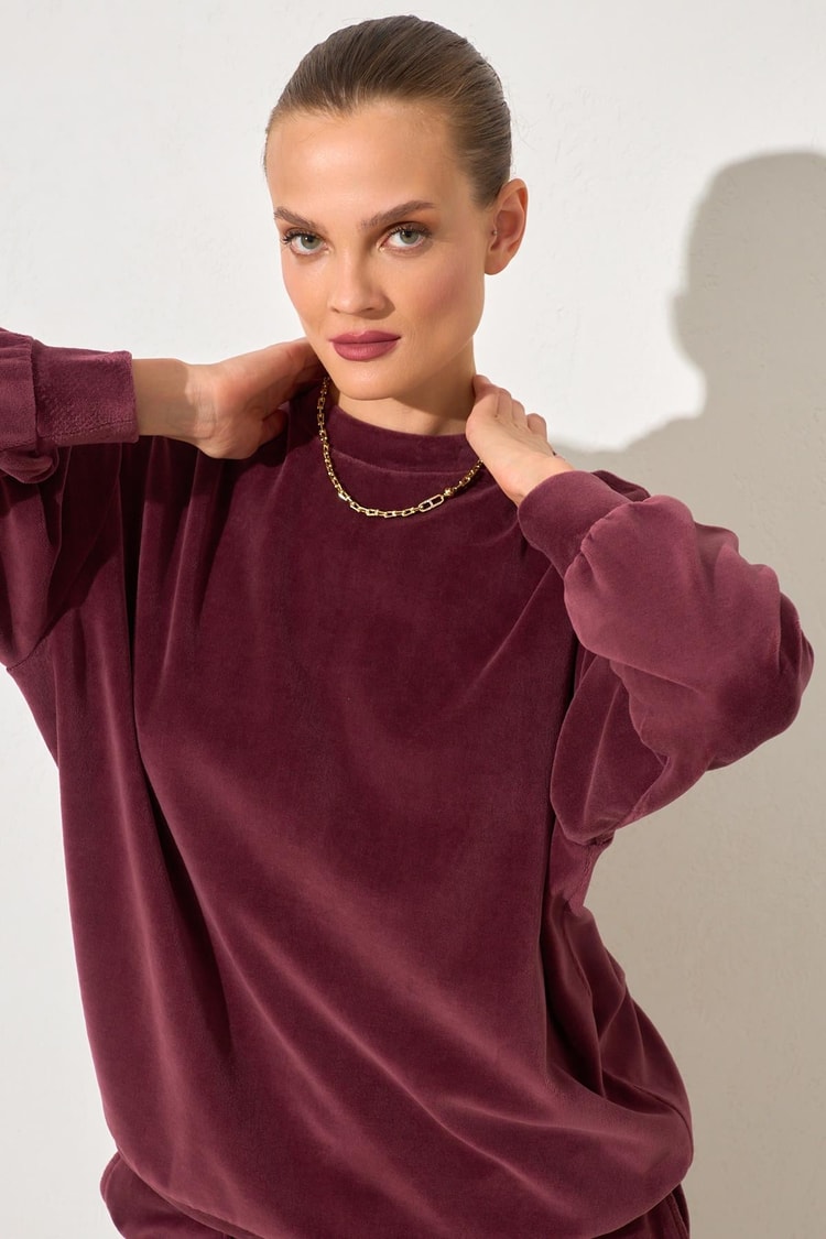 Bordo Kol Ve Belden Lastik Detaylı Rahat Kesim Sweatshirt Kadın Kategorisiz modelleri