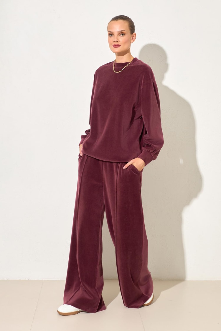 Bordo Kol Ve Belden Lastik Detaylı Rahat Kesim Sweatshirt Kadın Kategorisiz modelleri