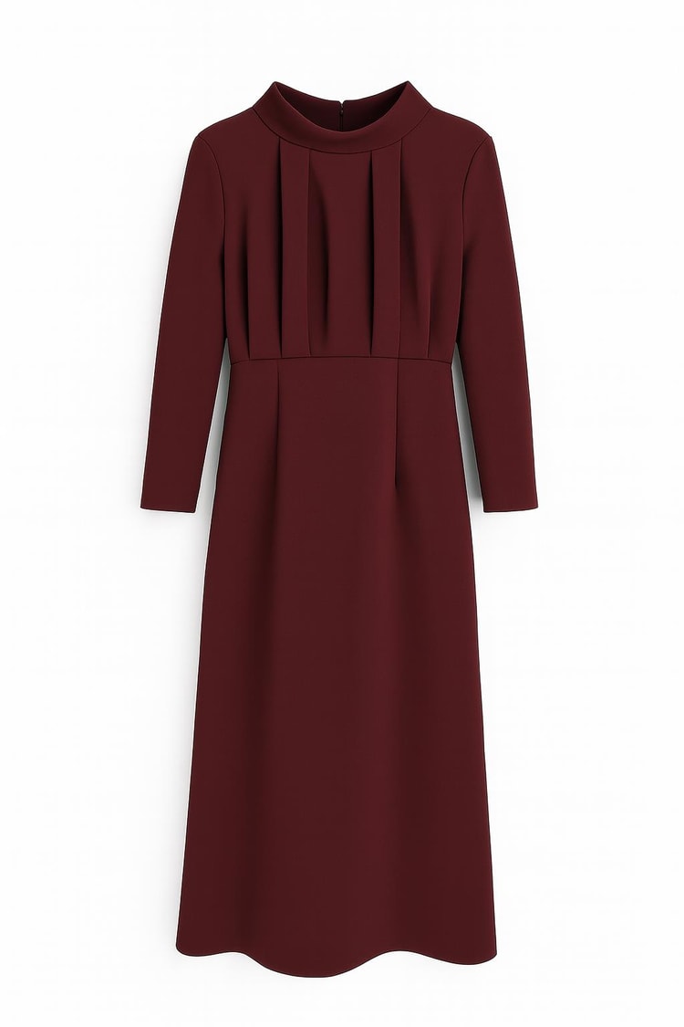 Bordo Yakada Drape Detaylı Belden Oturtmalı Tam Kalıp Uzun Kollu Elbise Kadın Günlük Elbise modelleri