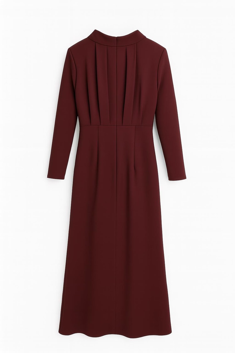 Bordo Yakada Drape Detaylı Belden Oturtmalı Tam Kalıp Uzun Kollu Elbise Kadın Günlük Elbise modelleri