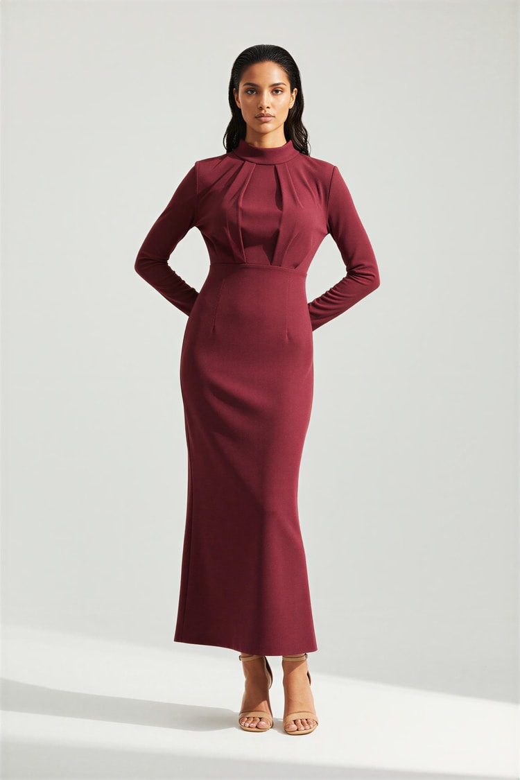Bordo Yakada Drape Detaylı Belden Oturtmalı Tam Kalıp Uzun Kollu Elbise Kadın Günlük Elbise modelleri