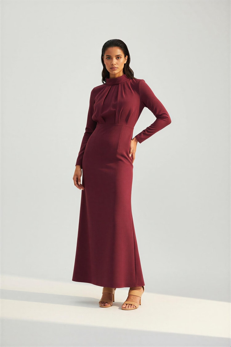 Bordo Yakada Drape Detaylı Belden Oturtmalı Tam Kalıp Uzun Kollu Elbise Kadın Günlük Elbise modelleri