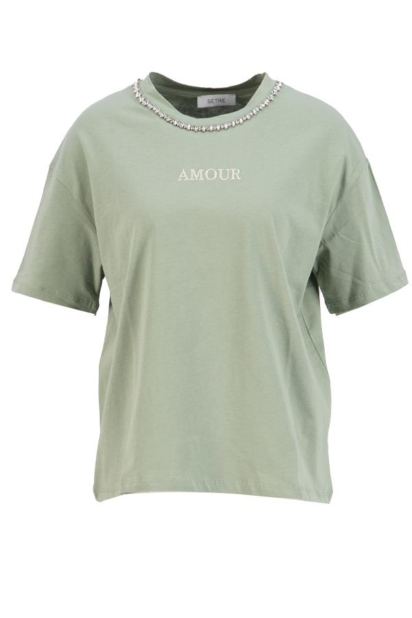 Çağla Bisiklet Yaka Taş Detayllı Mini Baskılı T-Shirt Kadın T-Shirt modelleri