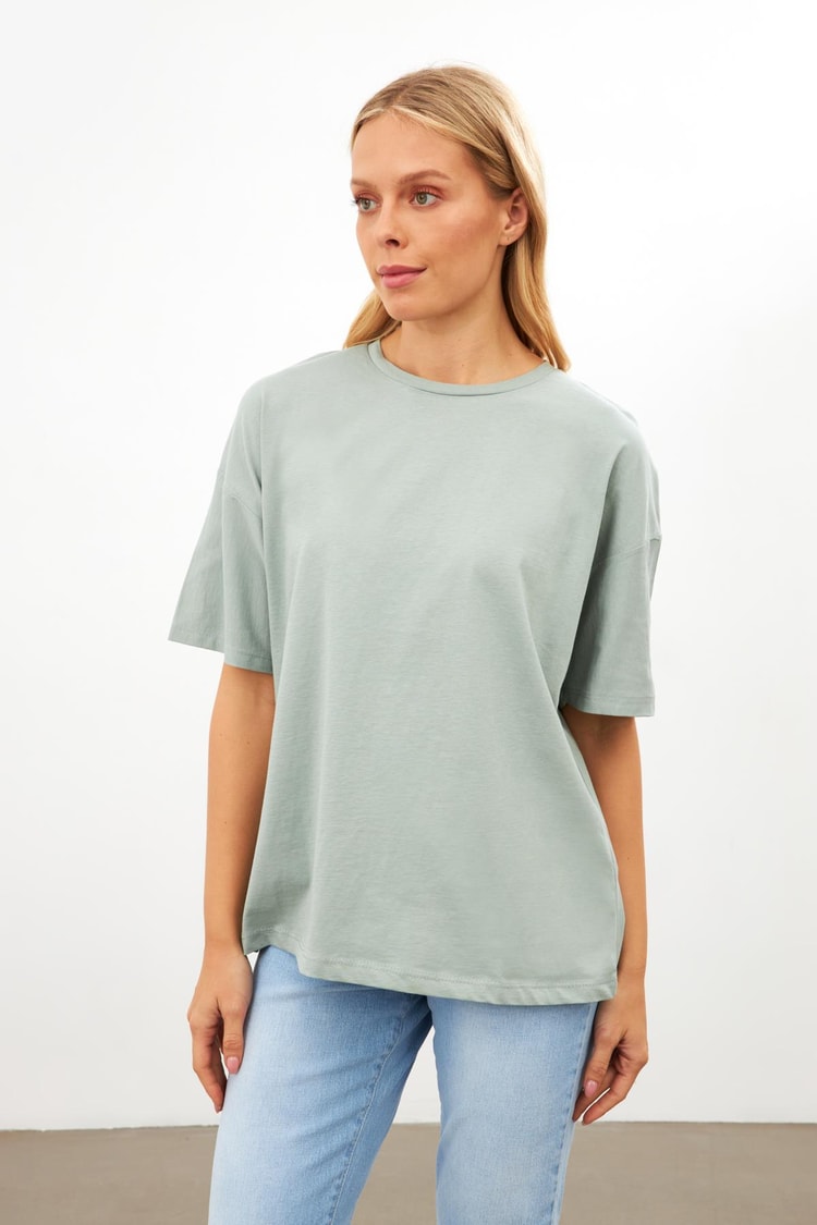 Çağla Düz Basic Bisiklet Yaka T-Shirt Kadın T-Shirt modelleri