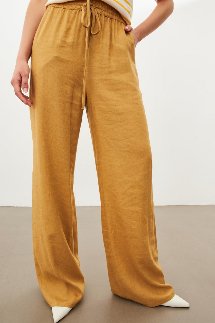 Camel Geniş Kesim Beli Lastikli Pantolon Kadın Pantolon modelleri
