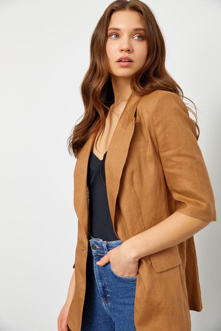 Camel Yarım Kol Mono Yaka Keten Ceket Kadın Ceket modelleri