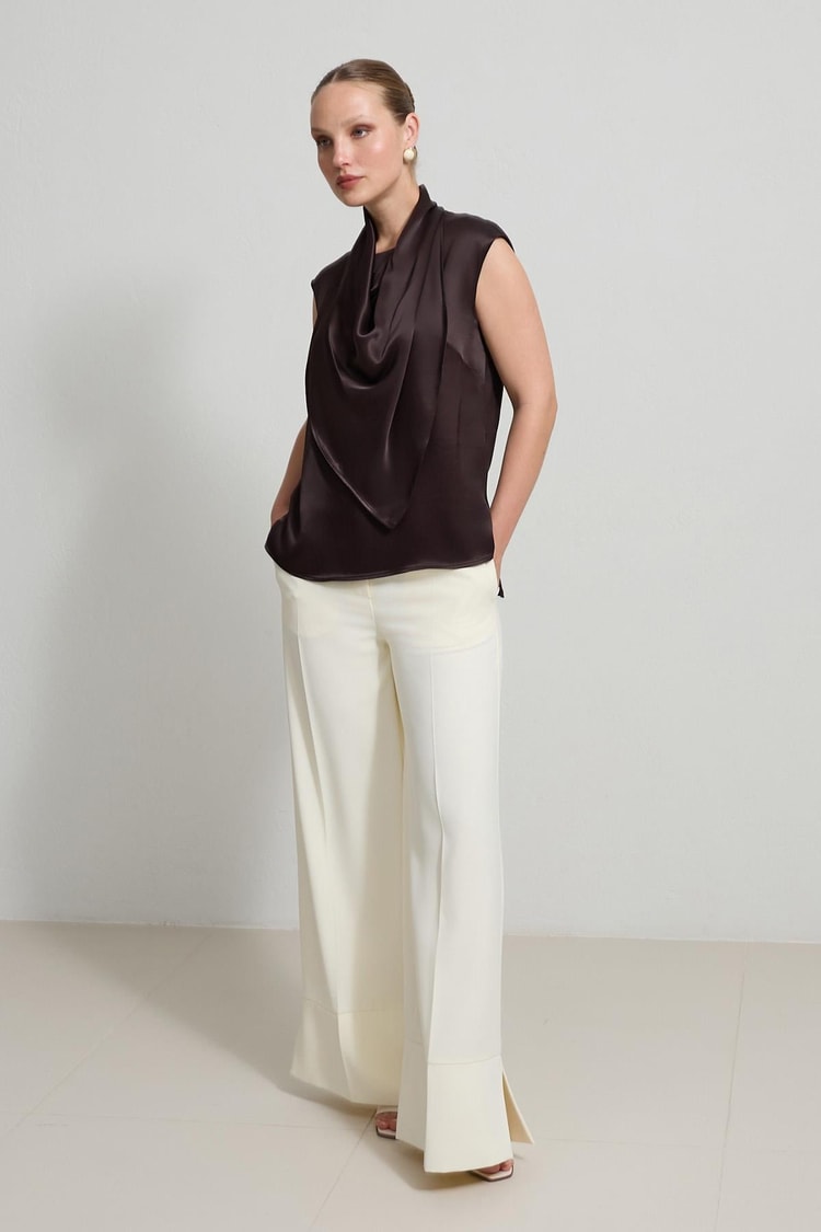 Çikolata Drape Ve Yaka Detaylı Kolsuz Bluz Kadın Bluz modelleri