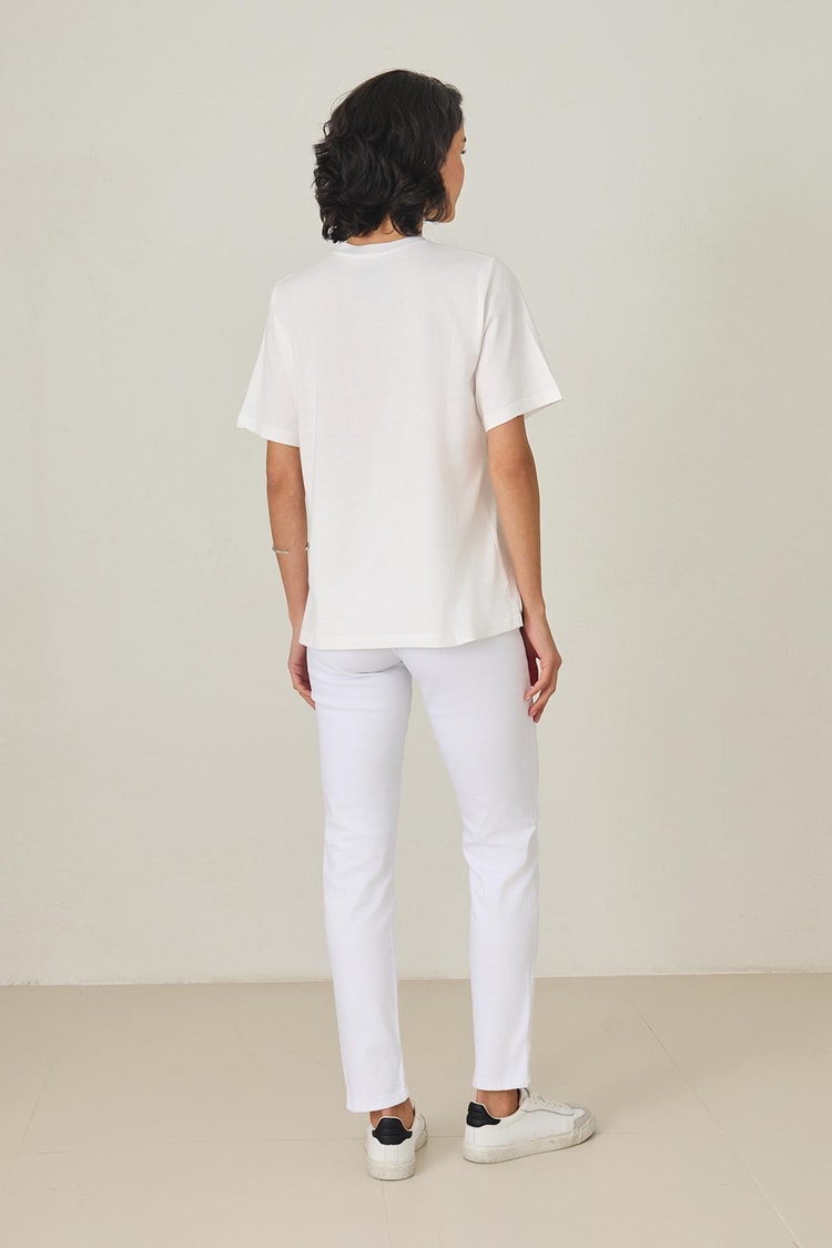 Ekru %100 Pamuklı Kısa Kollu Baskı Detaylı T-Shirt Kadın Kategorisiz modelleri