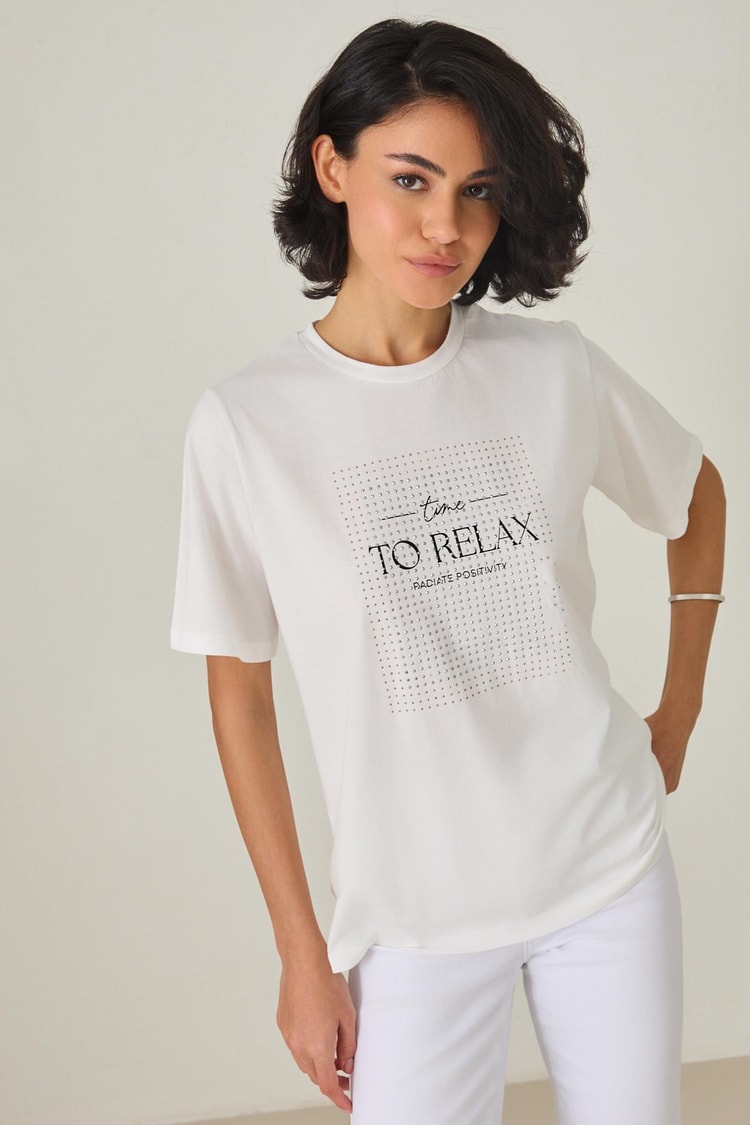 Ekru %100 Pamuklı Kısa Kollu Baskı Detaylı T-Shirt Kadın Kategorisiz modelleri