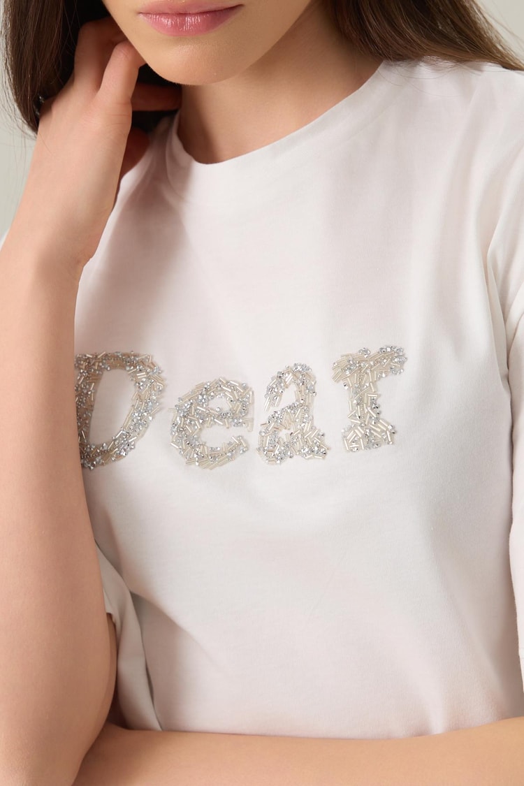 Ekru %100 Pamuklu Kısa Kollu T-Shirt Kadın Kategorisiz modelleri