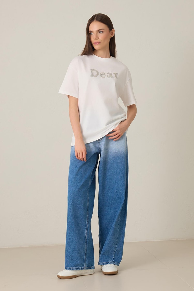 Ekru %100 Pamuklu Kısa Kollu T-Shirt Kadın Kategorisiz modelleri