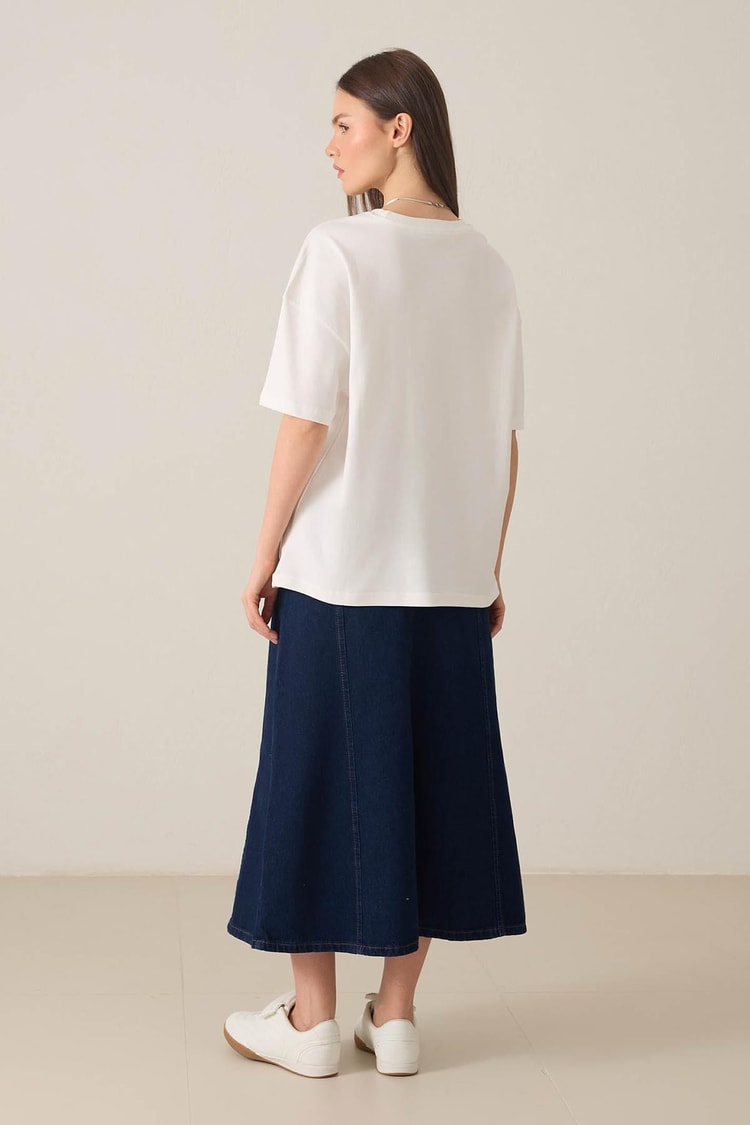 Ekru %100 Pamuklu Mini Baskı Detaylı Kısa Kollu Basic T-Shirt Kadın T-Shirt modelleri