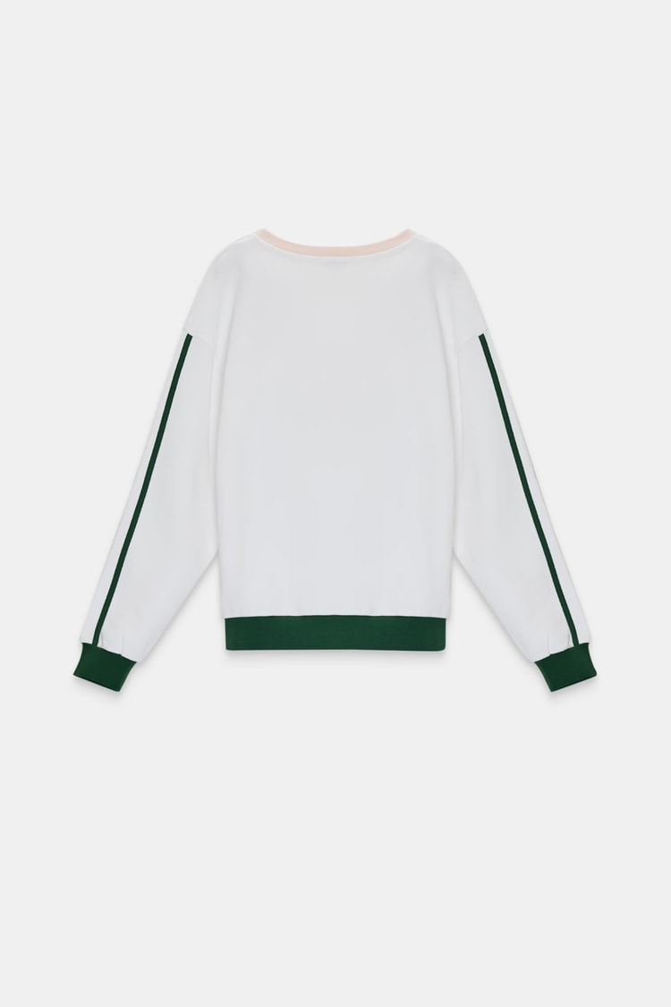 Ekru %100 Pamuklu V Yaka Şerit Ve Baskı Detaylı Sweatshirt Kadın Sweatshirt modelleri