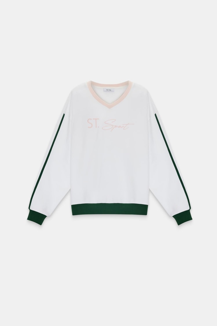 Ekru %100 Pamuklu V Yaka Şerit Ve Baskı Detaylı Sweatshirt Kadın Sweatshirt modelleri