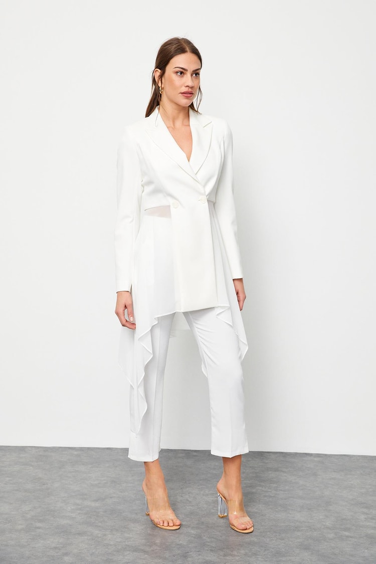 Ecru Double Breasted Belted Printed Knee Length Midi Dress Kadın Jacket modelleri