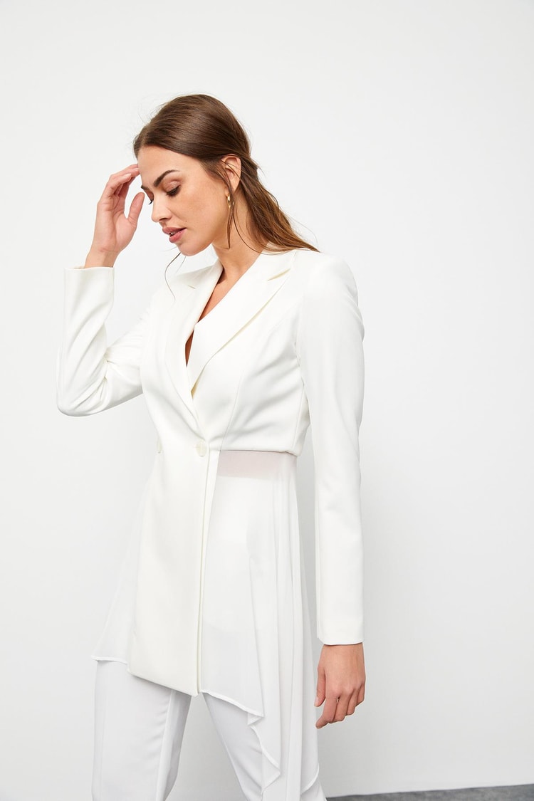 Ecru Double Breasted Belted Printed Knee Length Midi Dress Kadın Jacket modelleri