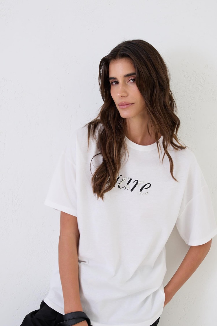 Ekru 2YD2CTS0433 T-SHIRT Kadın T-Shirt modelleri