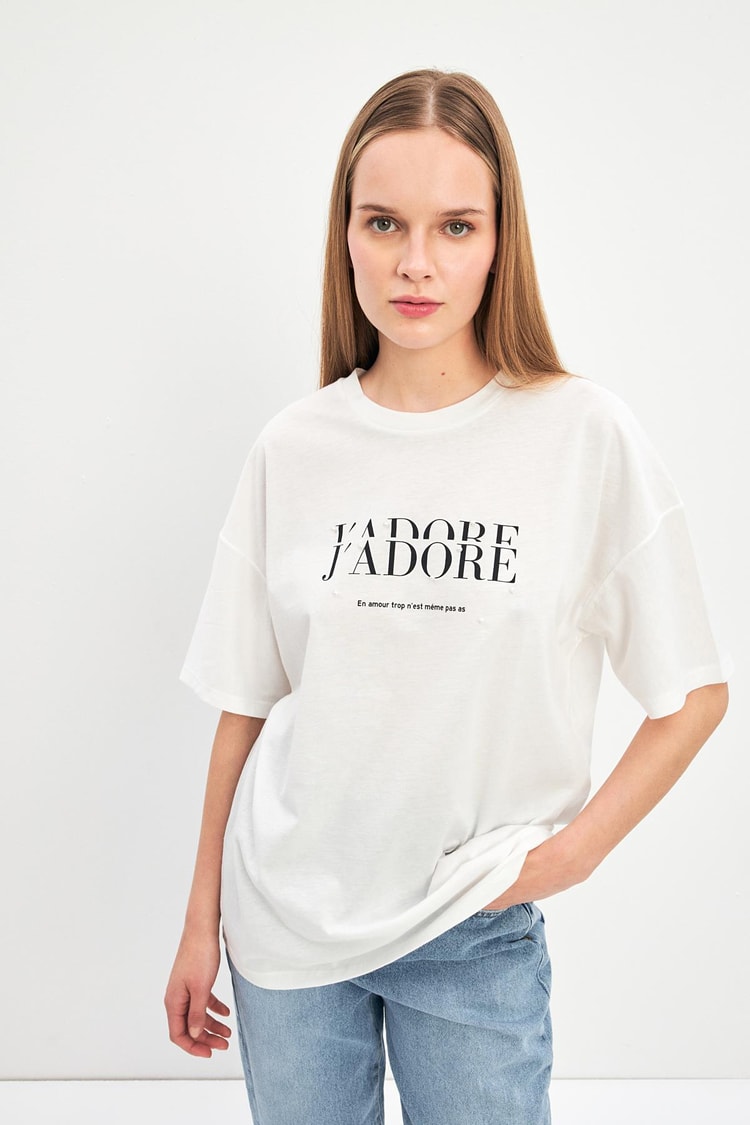 Ekru 2YD2CTS0435 T-SHIRT Kadın T-Shirt modelleri