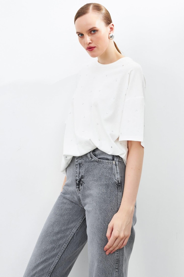 Ekru 2YU2CTS0368 T-SHIRT Kadın T-Shirt modelleri