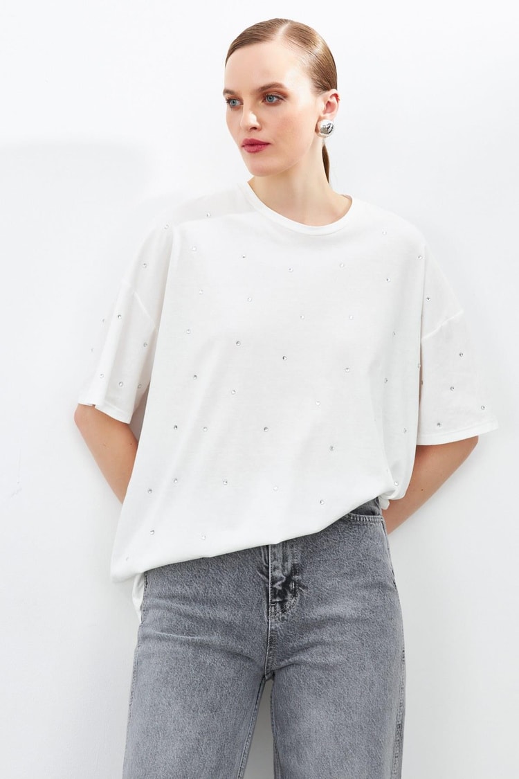 Ekru 2YU2CTS0368 T-SHIRT Kadın T-Shirt modelleri