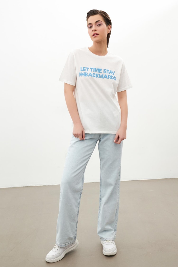 Ekru Baskılı Basic Bsiklet Yaka T-Shirt Kadın T-Shirt modelleri