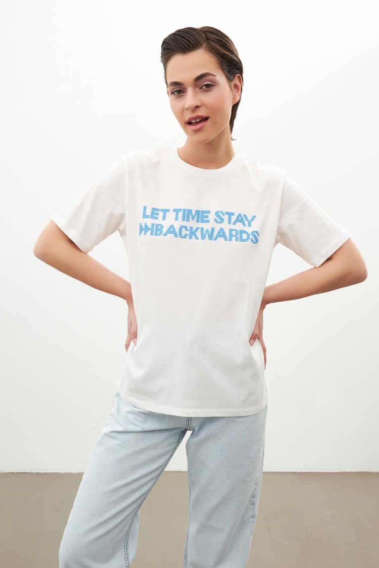 Ekru Baskılı Basic Bsiklet Yaka T-Shirt Kadın T-Shirt modelleri